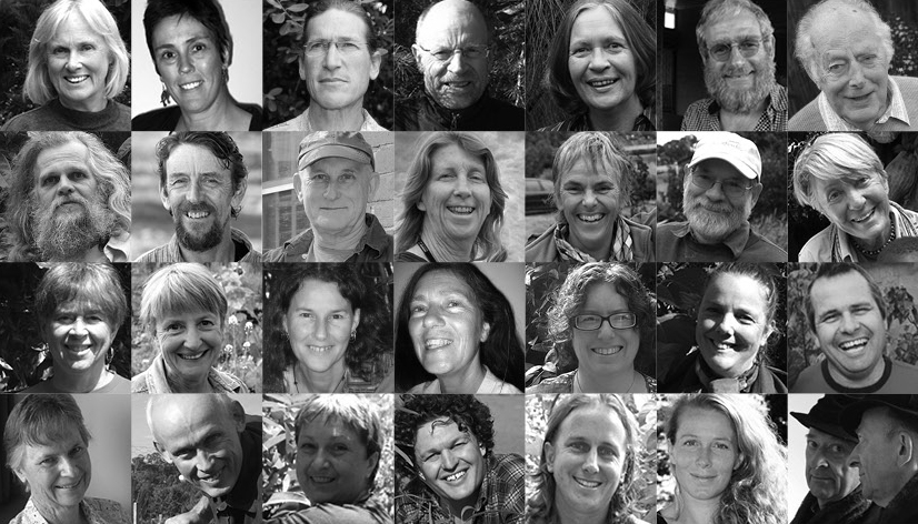 Top row editors Caroline Smith and Kerry Dawborn and stories from David Holmgren, Terry White, Robyn Francis, Max Lindegger, Vries Gravestein. Second row Jeff Nugent, Geoff Lawton, Russ Grayson, Fiona Campbell, Annemarie & Graham Brookman, Rosemary Morrow. Third row Martha Hills, Janet Millington, Robin Clayfield, Alanna Moore, Naomi Coleman, Virginia Solomon, Ross Mars. Bottom row Jill Finnane, Ian Lillington, Jane Scott, Josh Byrne, Tony Jansen, Morag Gamble and afterword by Stuart B. Hill.